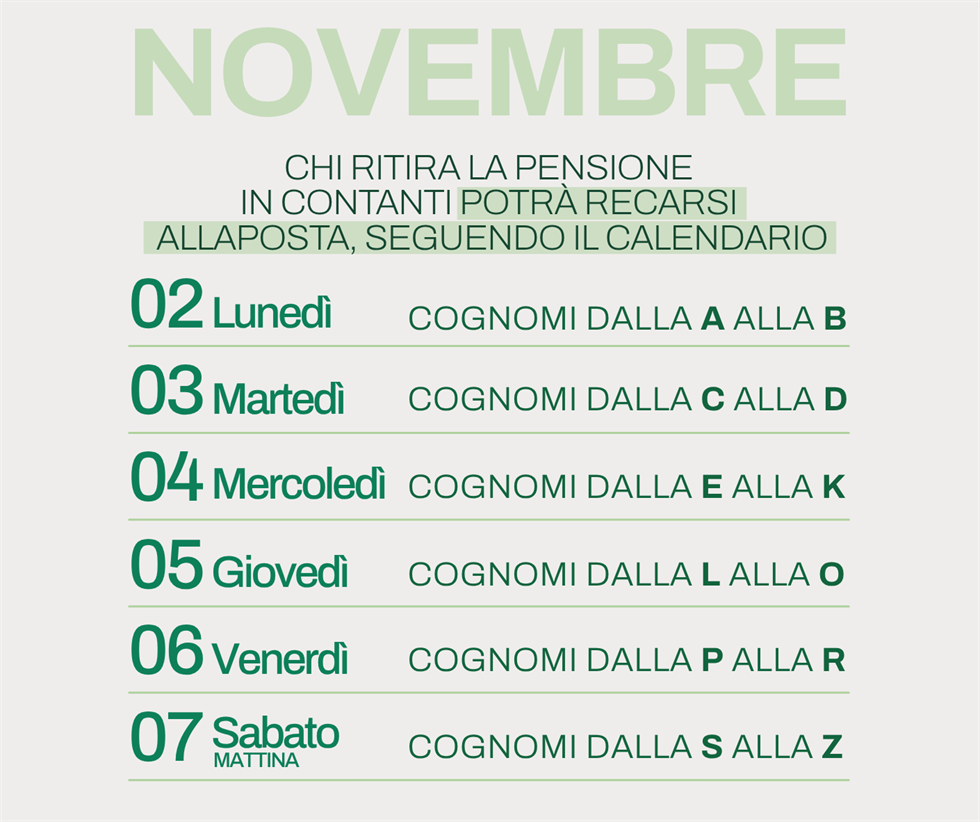 Calendario pagamento pensioni e cedolino novembre